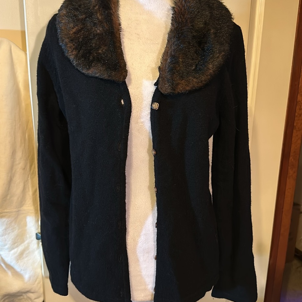 COPY - Faux Fur collar black button down sweater brand new from Macys